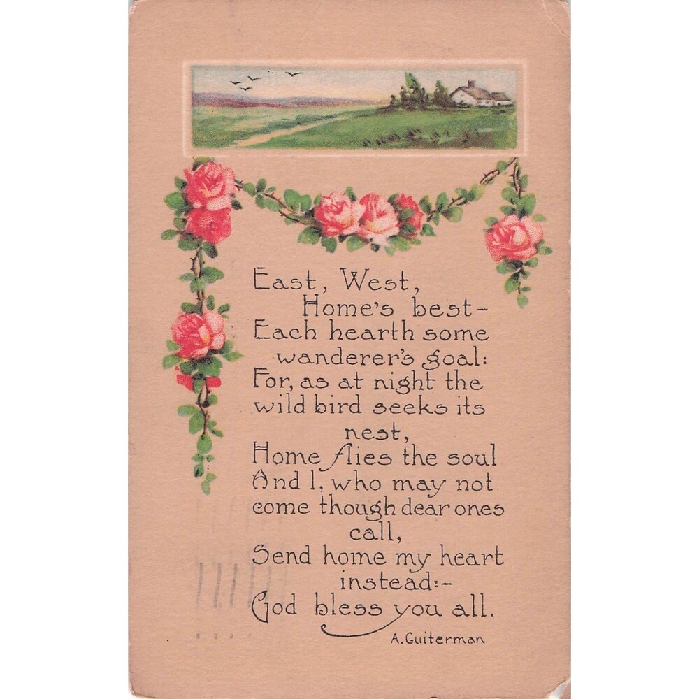 Antique 1912 A Guiterman Poem Postcard “East West Home’s Best” Pink Collection